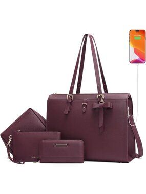 Stylish 4pc Laptop Bag Set for Women - Large Leather Briefcase with USB Charging